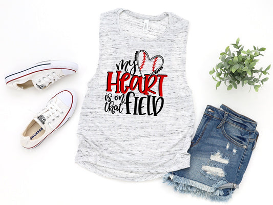 My Heart Is On That Field Baseball Mom Novelty Women’s Flowy Scoop Muscle Tank Shirt