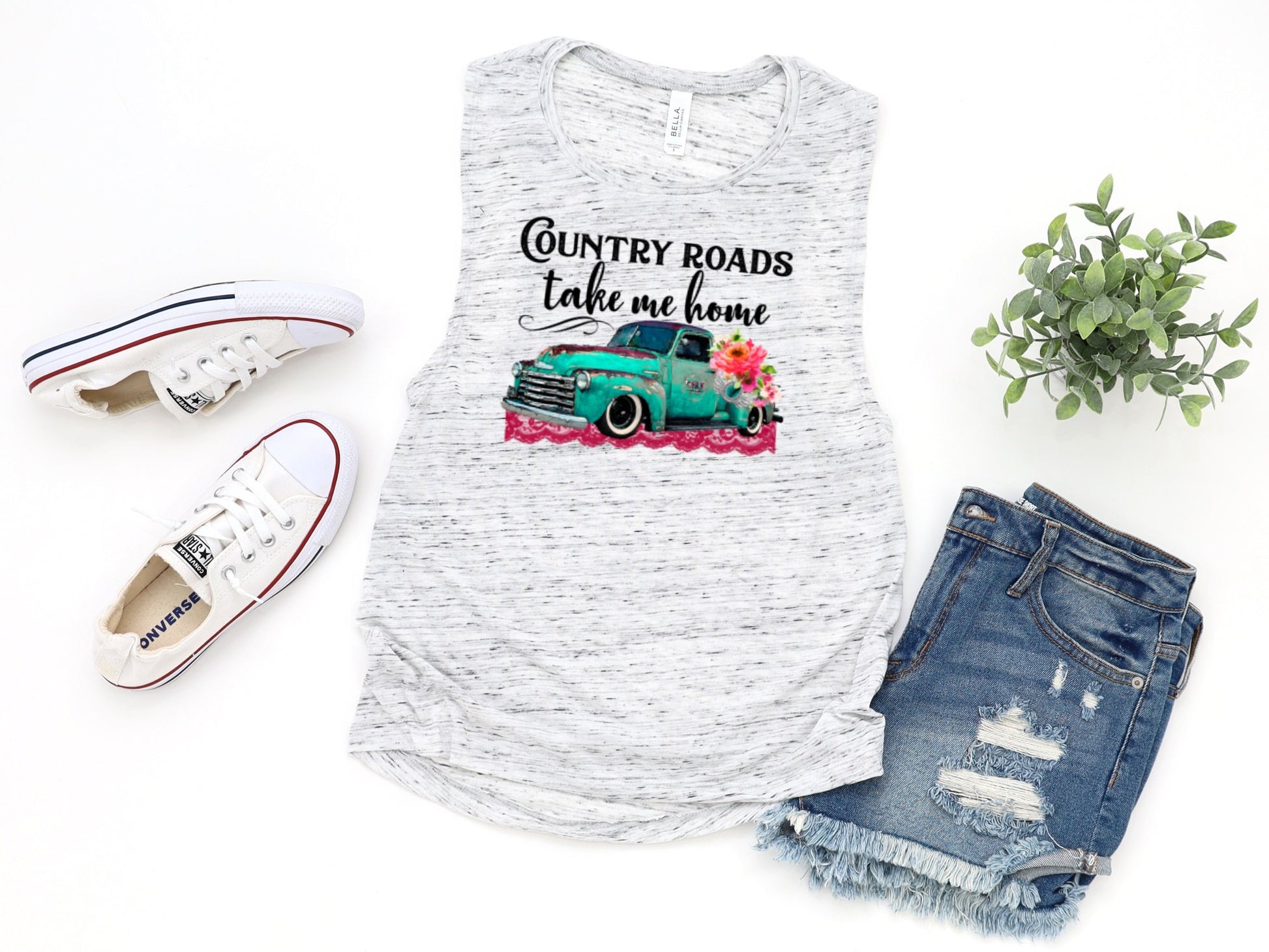 Country Roads Take Me Home, Old Vintage Truck Novelty Women’s Flowy Scoop Muscle Tank Shirt
