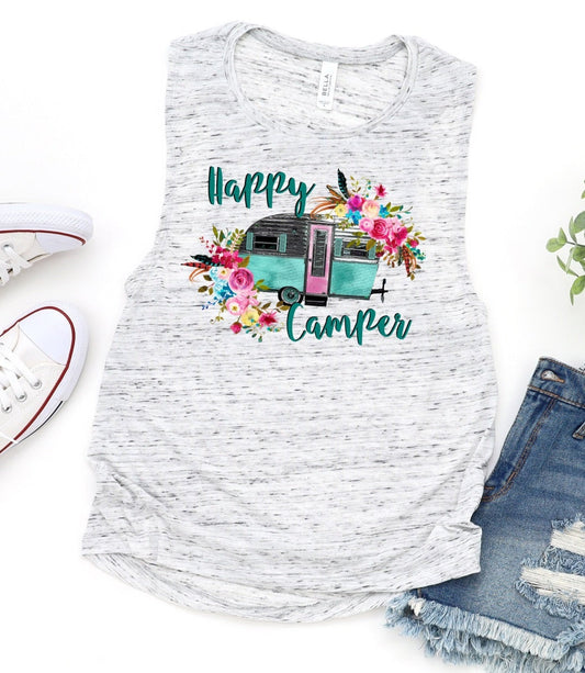 Happy Camper Camping Watercolor Floral Camp Novelty Women’s Flowy Scoop Muscle Tank Shirt