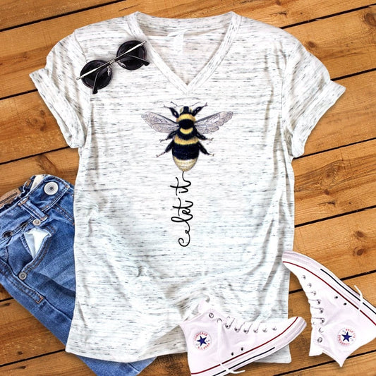 Let It Bee Honey Bumble Bee Positive Inspirational Unisex V Neck Graphic Tee T-Shirt
