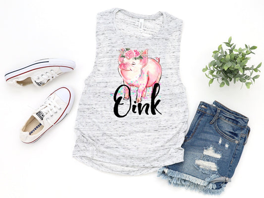 Pig Oink With Flowers Novelty Women’s Flowy Scoop Muscle Tank Shirt