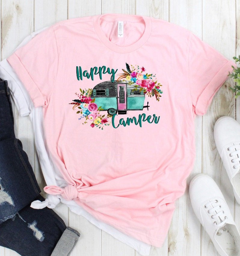 Happy Camper Camping RV Floral Watercolor Novelty T-Shirt