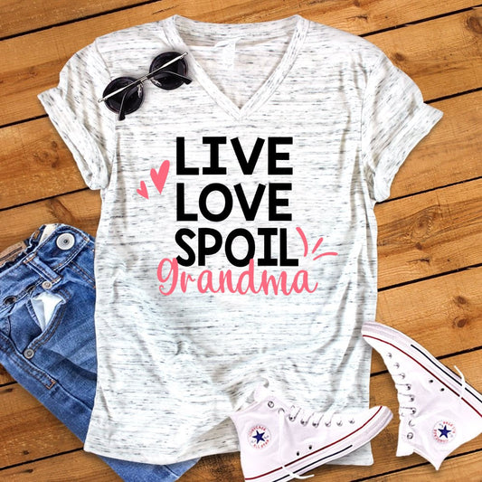 Live Love Spoil Grandma Mimi Nana Bella White Marble Unisex V Neck T-Shirt