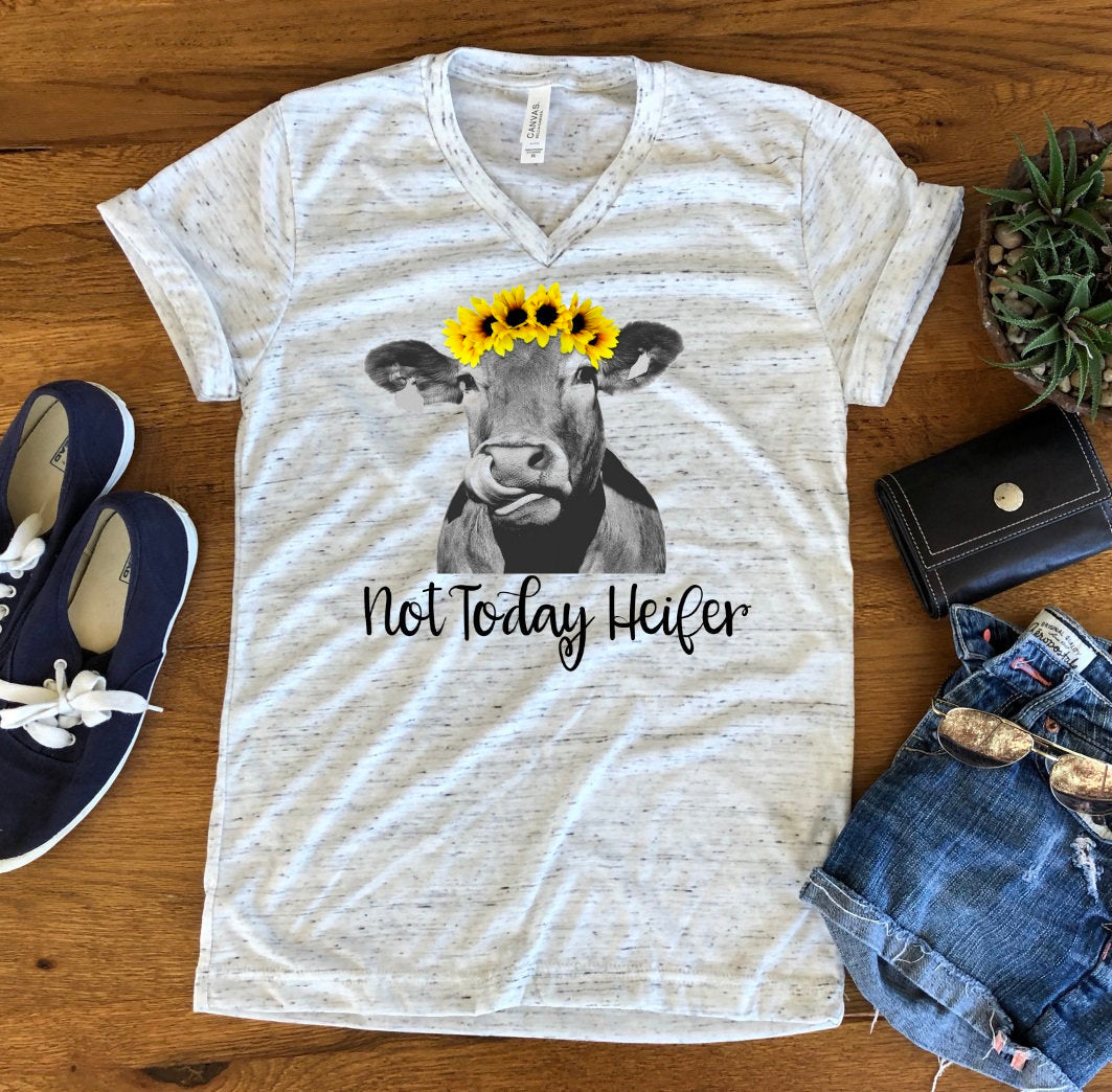 Not Today Heifer Sunflower Funny Cow Bella White Marble Unisex V Neck T-Shirt