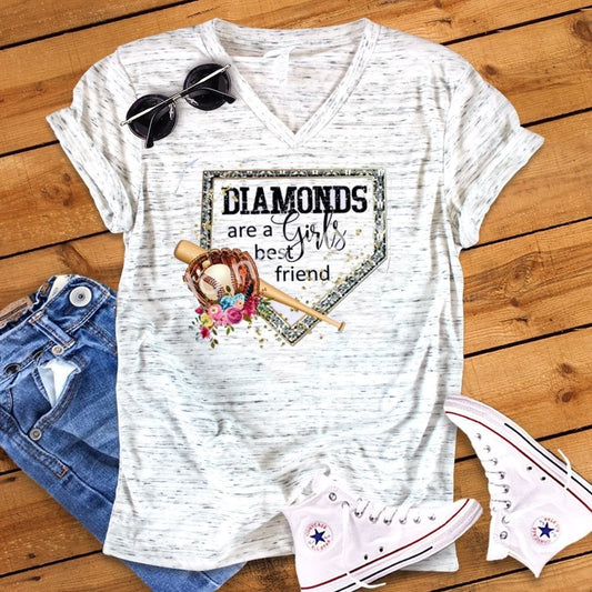 Diamonds Are A Girls Best Friend Baseball Floral Watercolor Unisex V Neck Graphic Tee T-Shirt