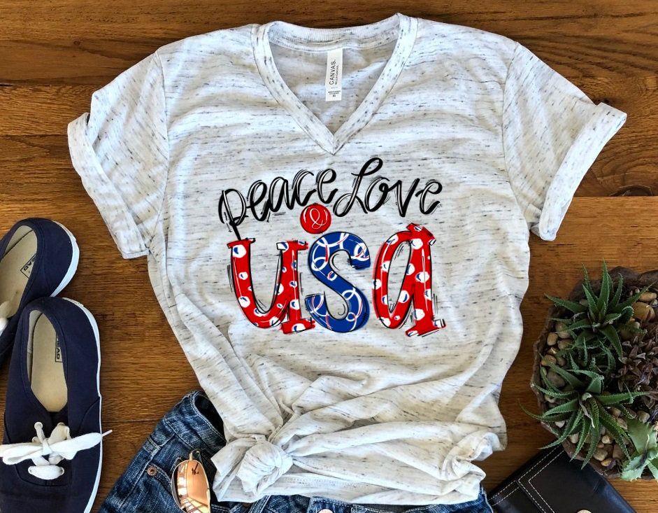 Peace Love USA Whimsical American Pride Unisex V Neck Graphic Tee T-Shirt