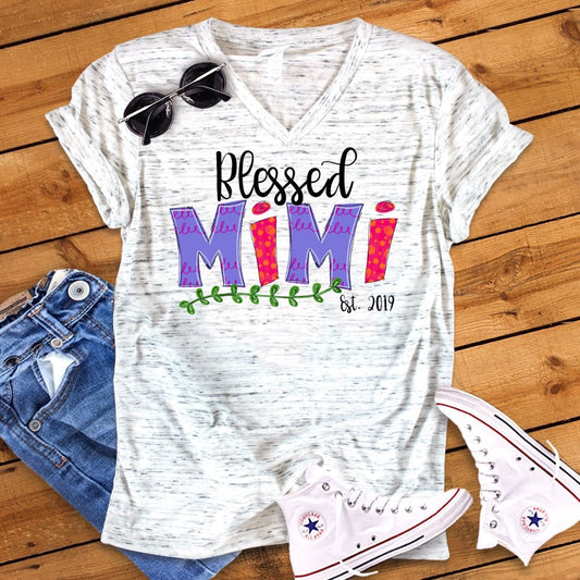 Blessed Mimi Grandma New Grandma Pregnancy Reveal Announcement Bella White Marble Unisex V Neck T-Shirt