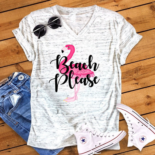 Beach Please Flamingo Funny Bella Unisex V Neck T-Shirt