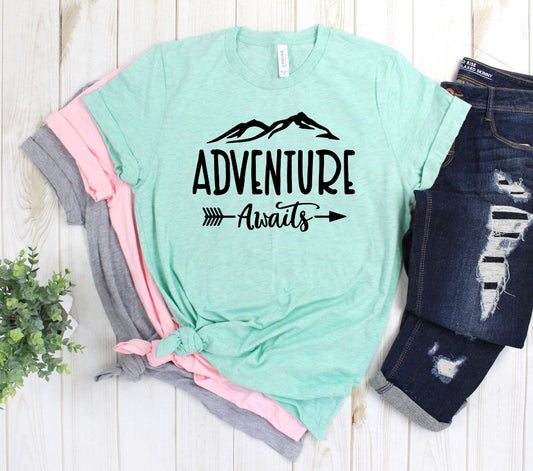 Adventure Awaits Mountain Climbing Camper Camping RV Unisex Novelty T-Shirt