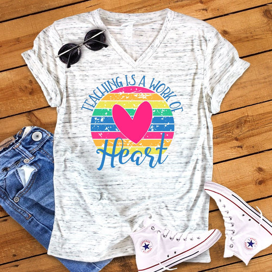 Teaching Is A Work Of Heart Back To School Teacher Unisex V Neck Graphic Tee T-Shirt