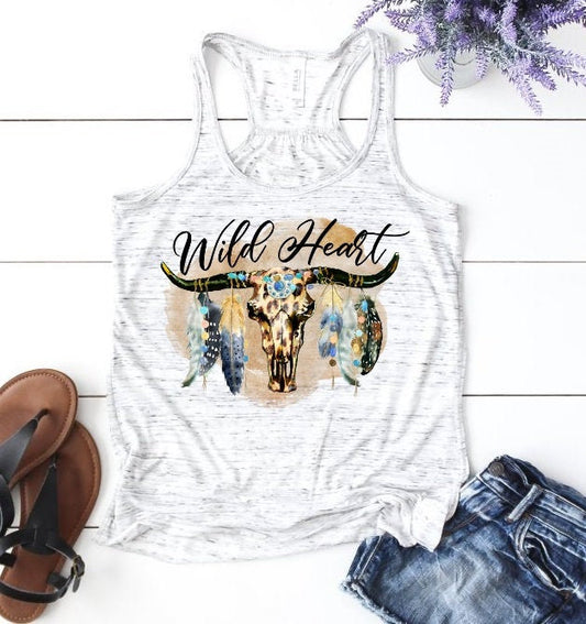 Wild Heart Boho Steer Skull Cow Watercolor Womans Tank Top Graphic Novelty Tee