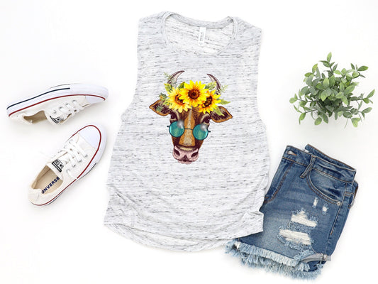 Cow With Sunflowers Floral Novelty Women’s Flowy Scoop Muscle Tank Shirt