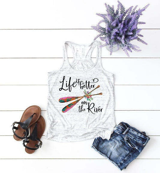 Life Is Better On The River Floral Paddle Funny Woman&#39;s Novelty Tank Top T-Shirt