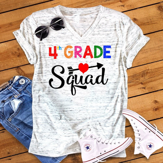 4th Grade Squad Back To School Fourth Grade Teacher Novelty Graphic Unisex V Neck Graphic Tee T-Shirt