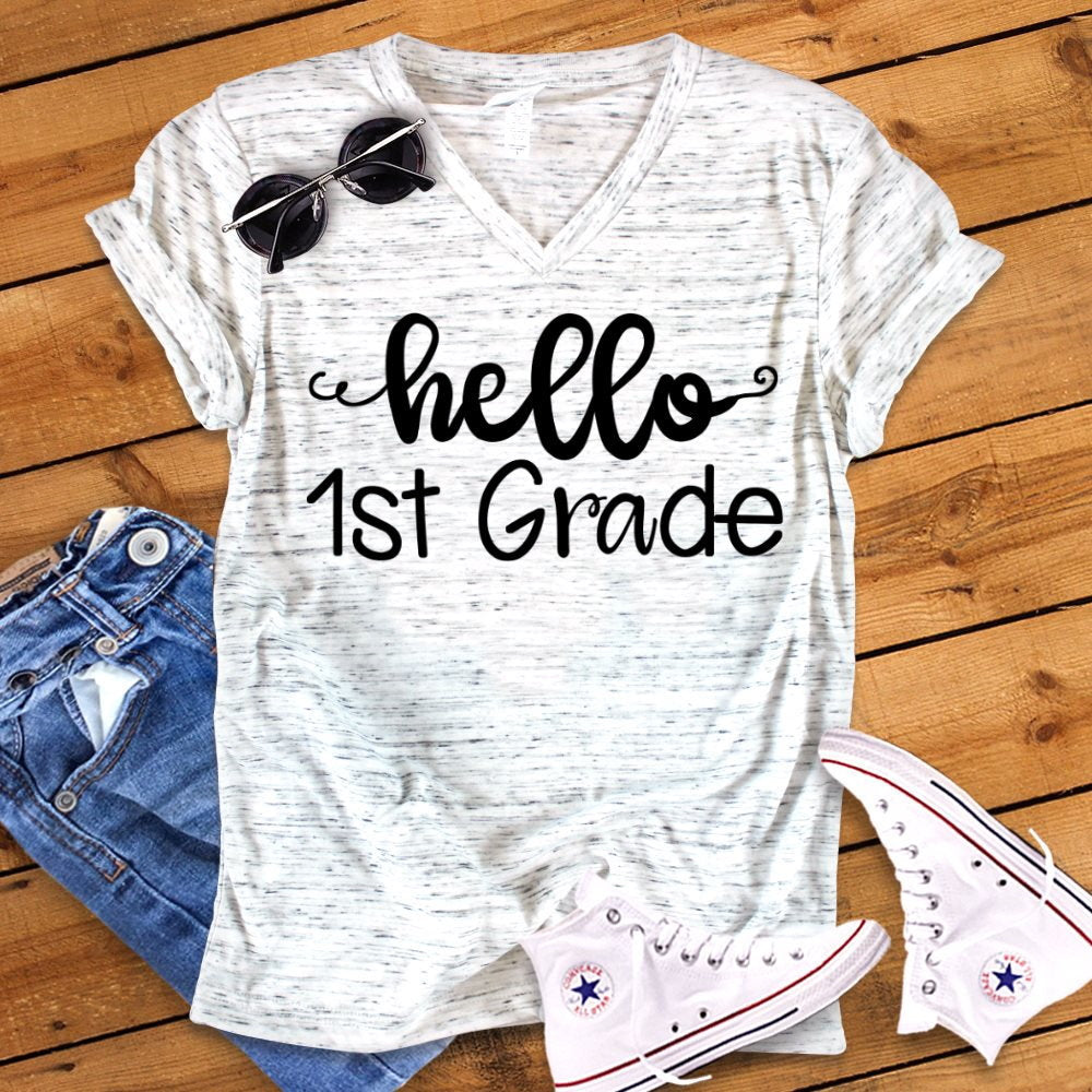 Hello 1st Grade Back To School First Grade Teacher Novelty Graphic Unisex V Neck Graphic Tee T-Shirt