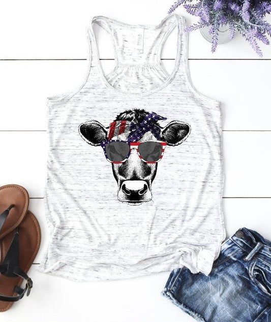 Patriotic Cow With Sunglasses American Pride Woman&#39;s Novelty Tank Top T-Shirt