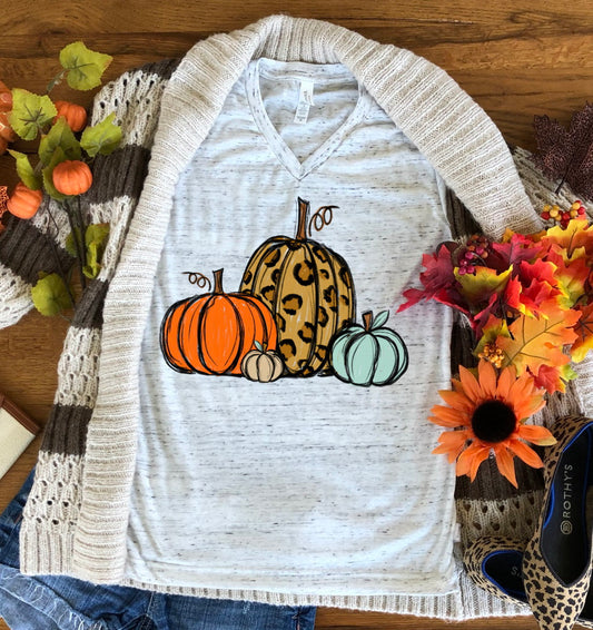 Leopard Print Pumpkins Fall Autumn Pumpkin Patch Bella Unisex V Neck T-Shirt