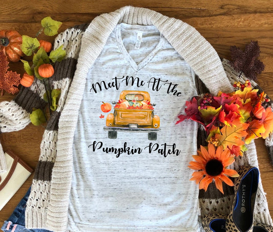 Meet Me At The Pumpkin Patch Fall Autumn Vintage Watercolor Truck Bella Unisex V Neck T-Shirt