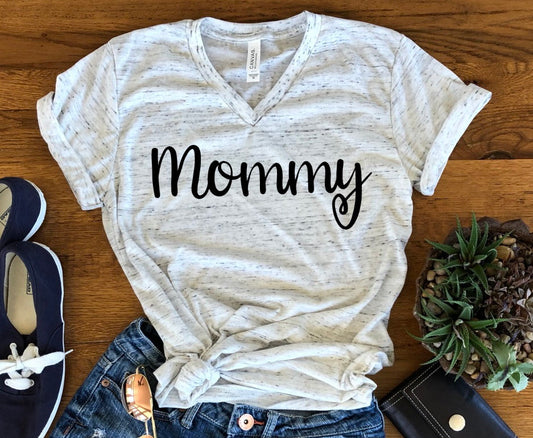 Mommy  Bella White Marble Unisex V Neck T-Shirt