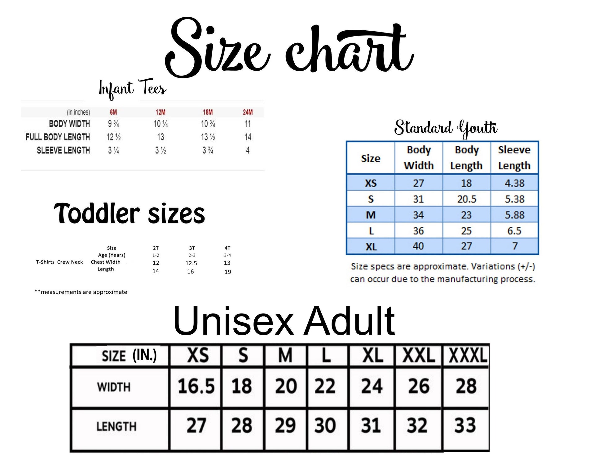 Kids, Toddler & Baby Size Charts