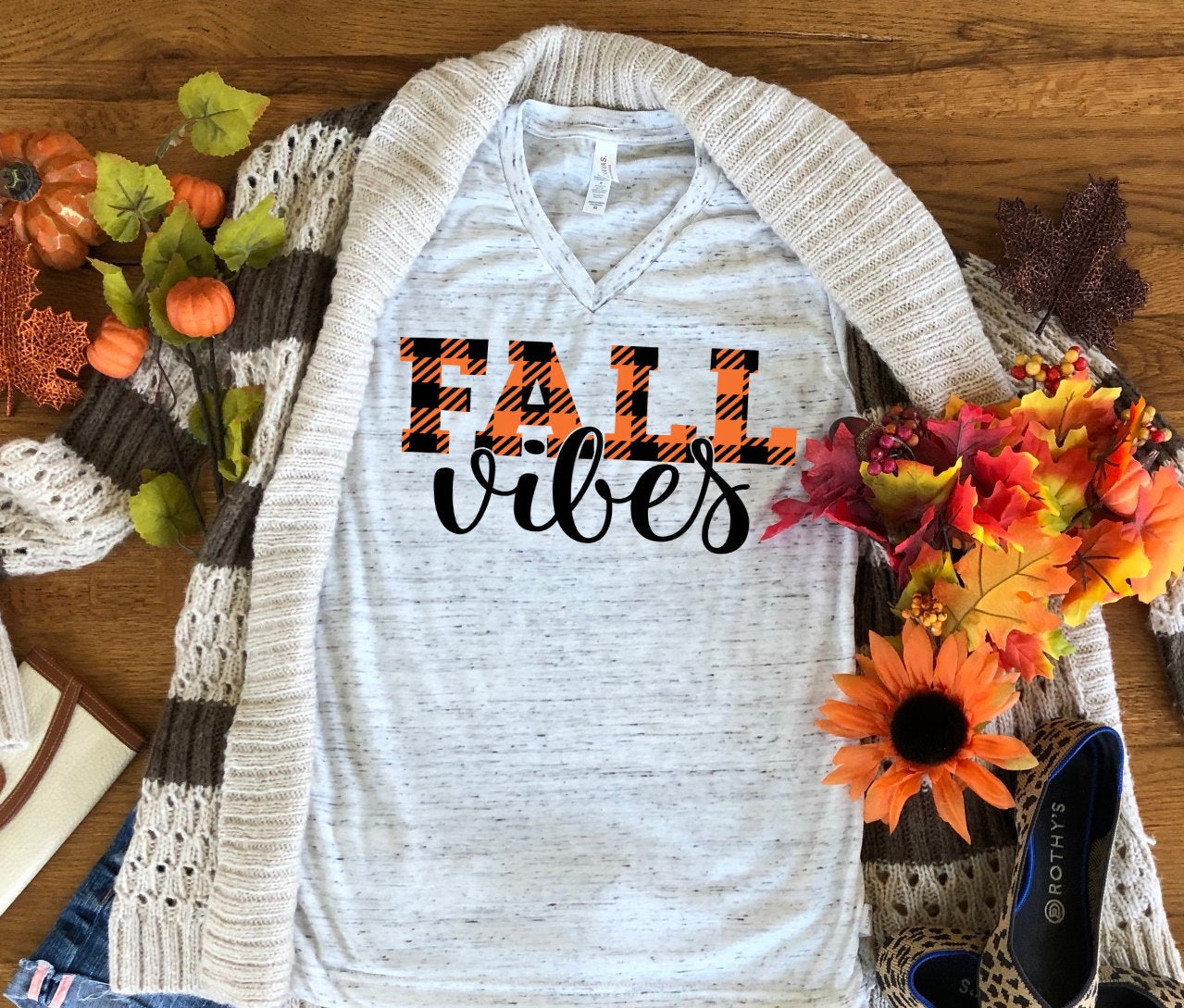 Fall Vibes Buffalo Plaid Pumpkin Patch Fall Autumn Vintage Blue Watercolor Truck Bella Unisex V Neck T-Shirt