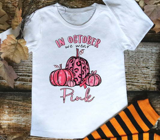 In October We Wear Pink Breast Cancer Awareness Pumpkins Kids Toddler Baby Shirt