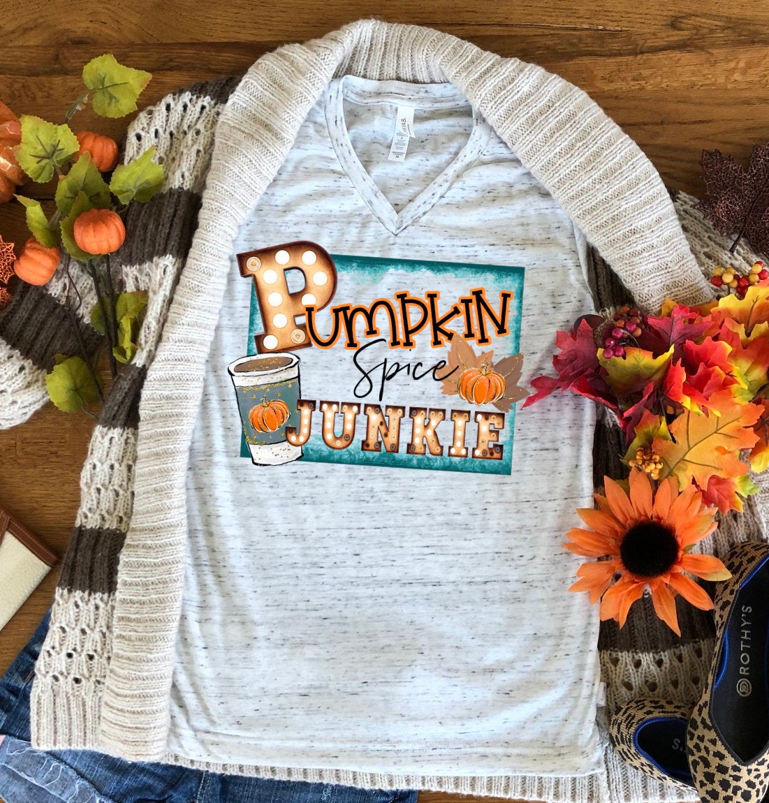 Pumpkin Spice Junkie Fall Autumn Bella Unisex V Neck T-Shirt
