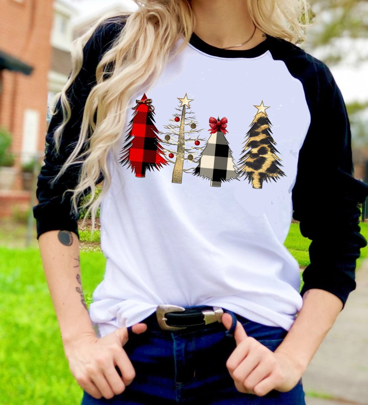 Wild Christmas Trees Buffalo Plaid t-shirt Raglan shirt Novelty Graphic Tee T-Shirt Raglan