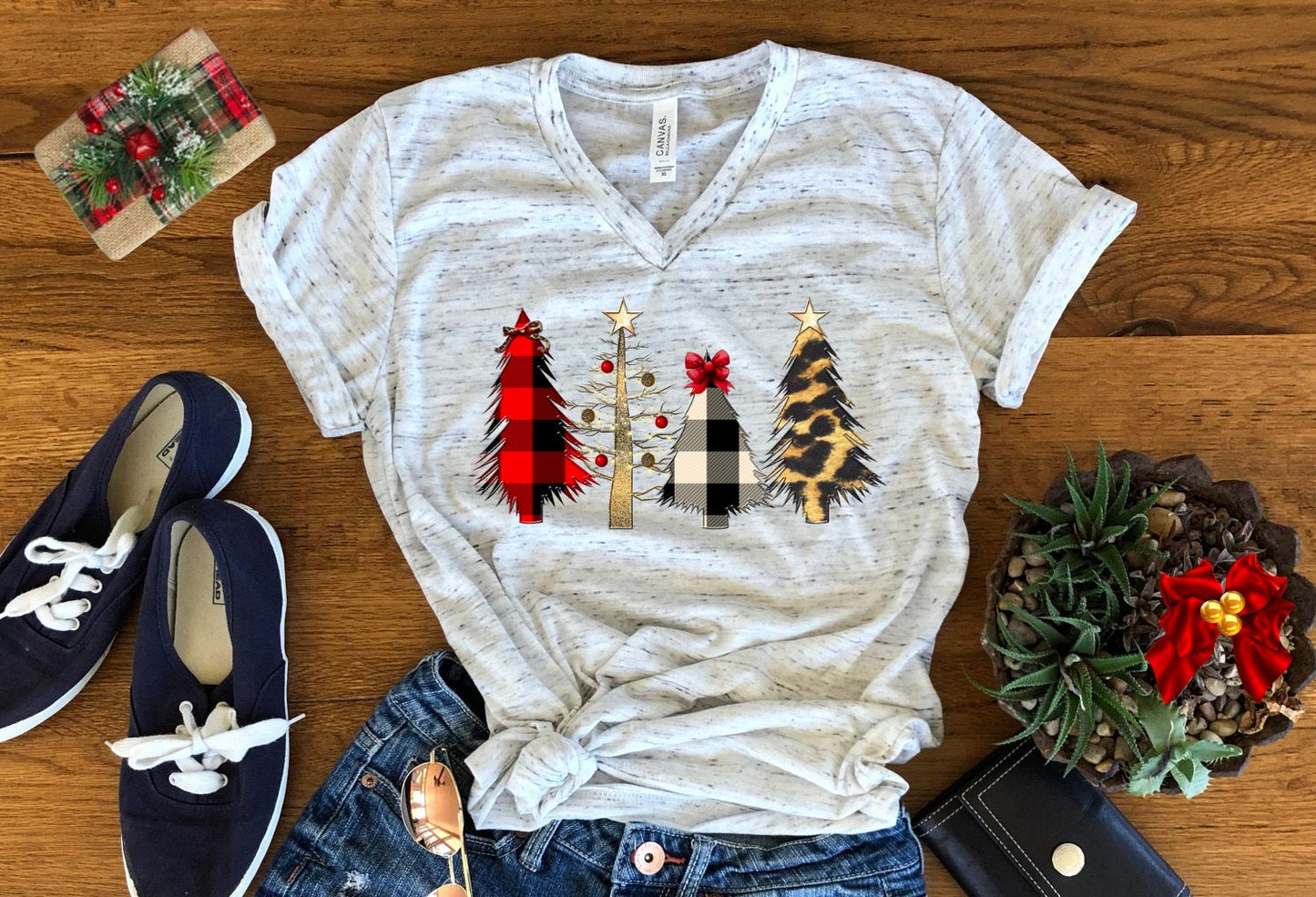 Wild Christmas Trees Buffalo Plaid Leopard Print Trees Christmas Bella Unisex V Neck T-Shirt