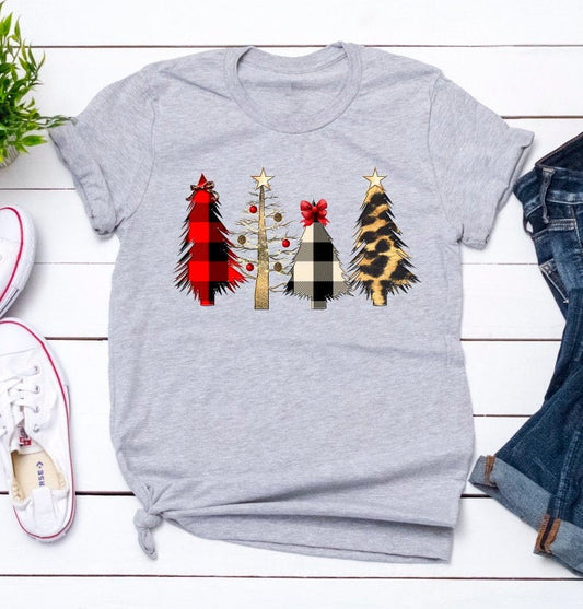 Wild Christmas Trees Buffalo Plaid And Leopard Print Christmas Tree Novelty T-Shirt