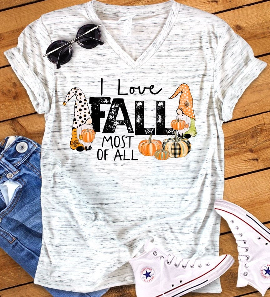 I Love Fall Most Of All Fall Gnomes Pumpkins Fall Autumn Pumpkin Patch Bella Unisex V Neck T-Shirt