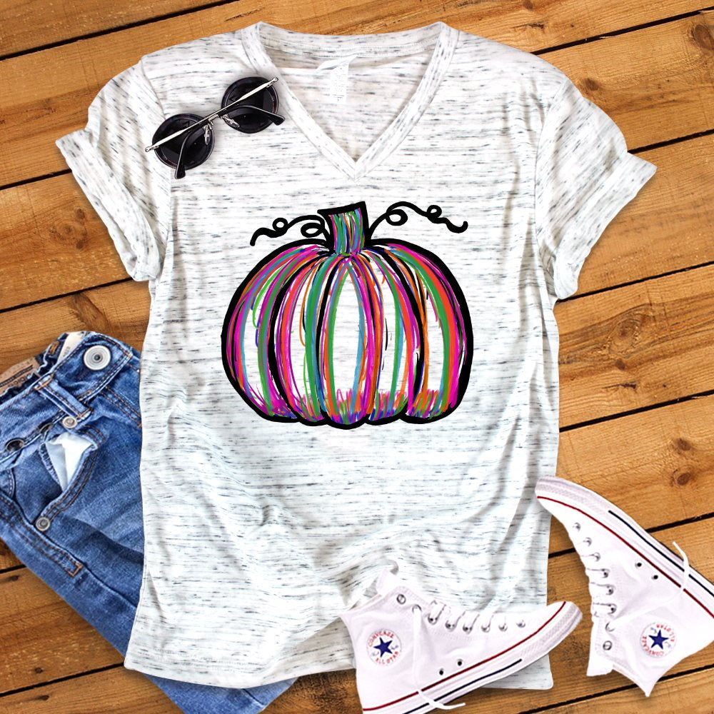 Painted Print Pumpkin Fall Autumn Pumpkin Patch Bella Unisex V Neck T-Shirt