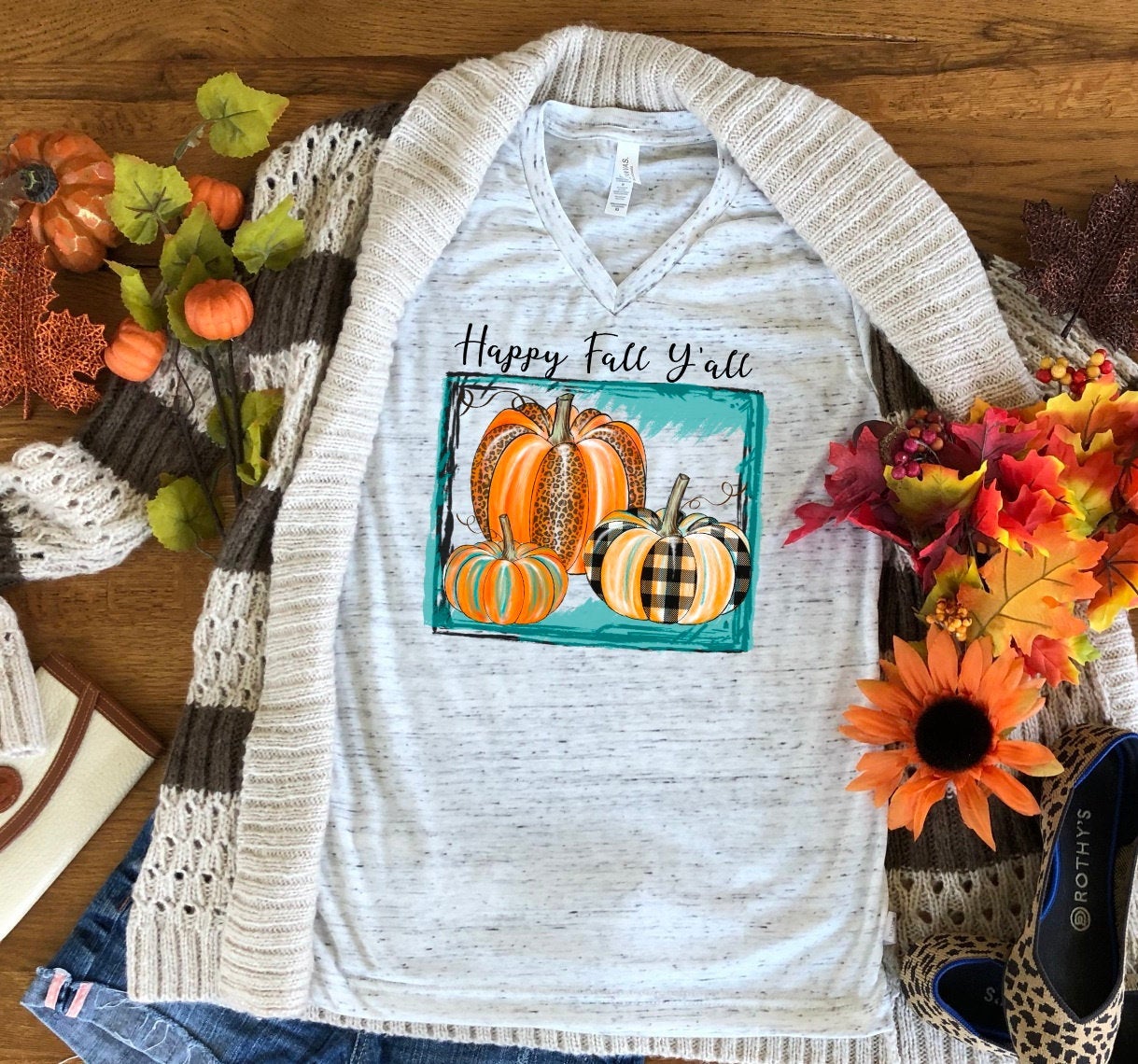 Happy Fall Y&#39;all Pumpkin Fall Autumn Bella Unisex V Neck T-Shirt