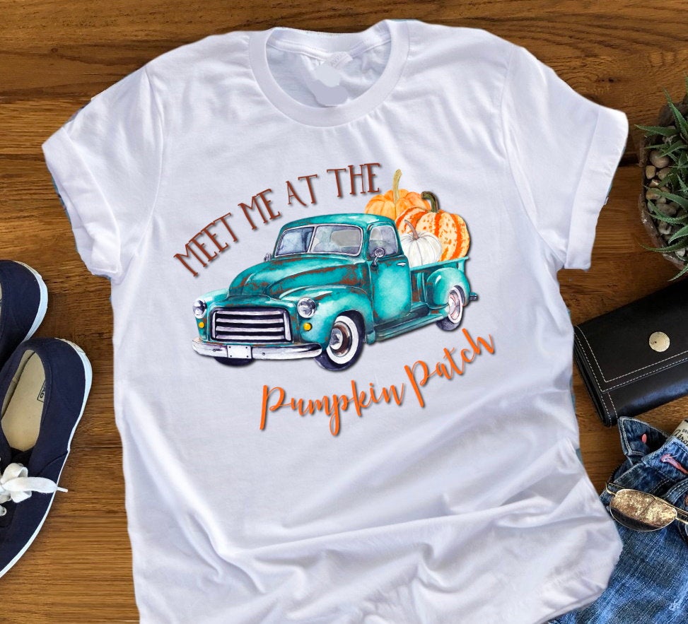 Meet Me At The Pumpkin Patch Vintage Truck Fall Autumn Hay Ride Orchard Adult Kids Toddler Baby Shirt