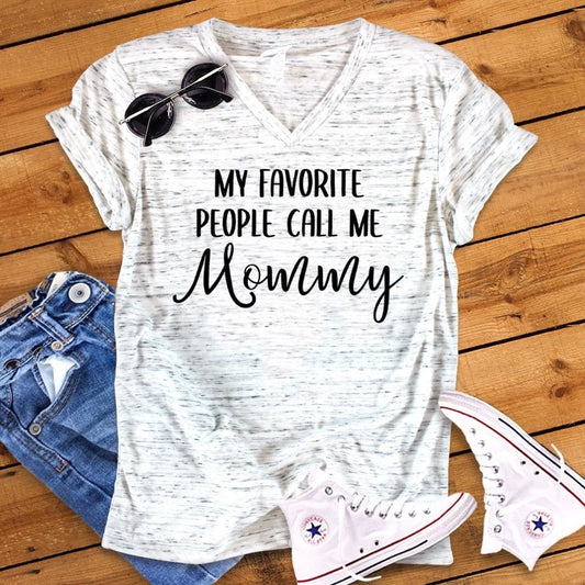 My Favorite People Call Me Mommy  Bella White Marble Unisex V Neck T-Shirt