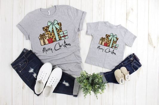 Merry Christmas Leopard Print Present Christmas Presents Adult Kids Toddler Baby Shirt