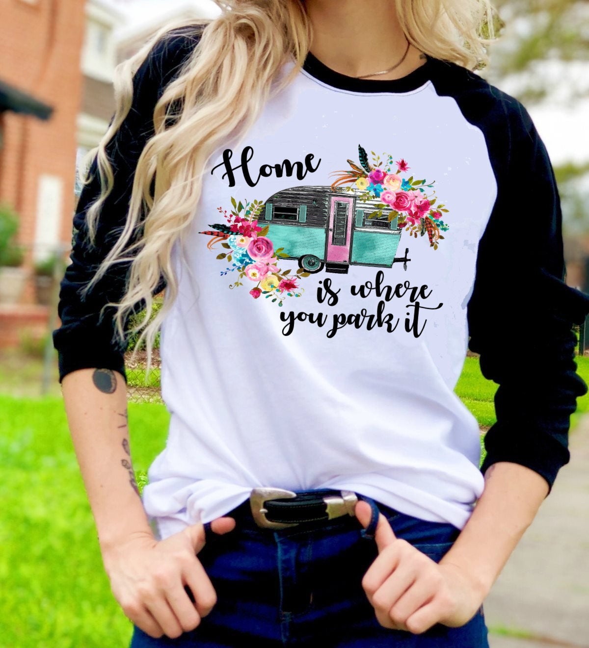 Home Is Where You Park It Camping RV Floral Watercolor Camper Novelty Graphic Tee T-Shirt Raglan Shirt