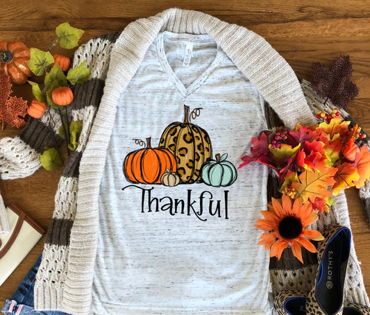 Thankful Pumpkin Leopard Print Fall Autumn Bella Unisex V Neck T-Shirt