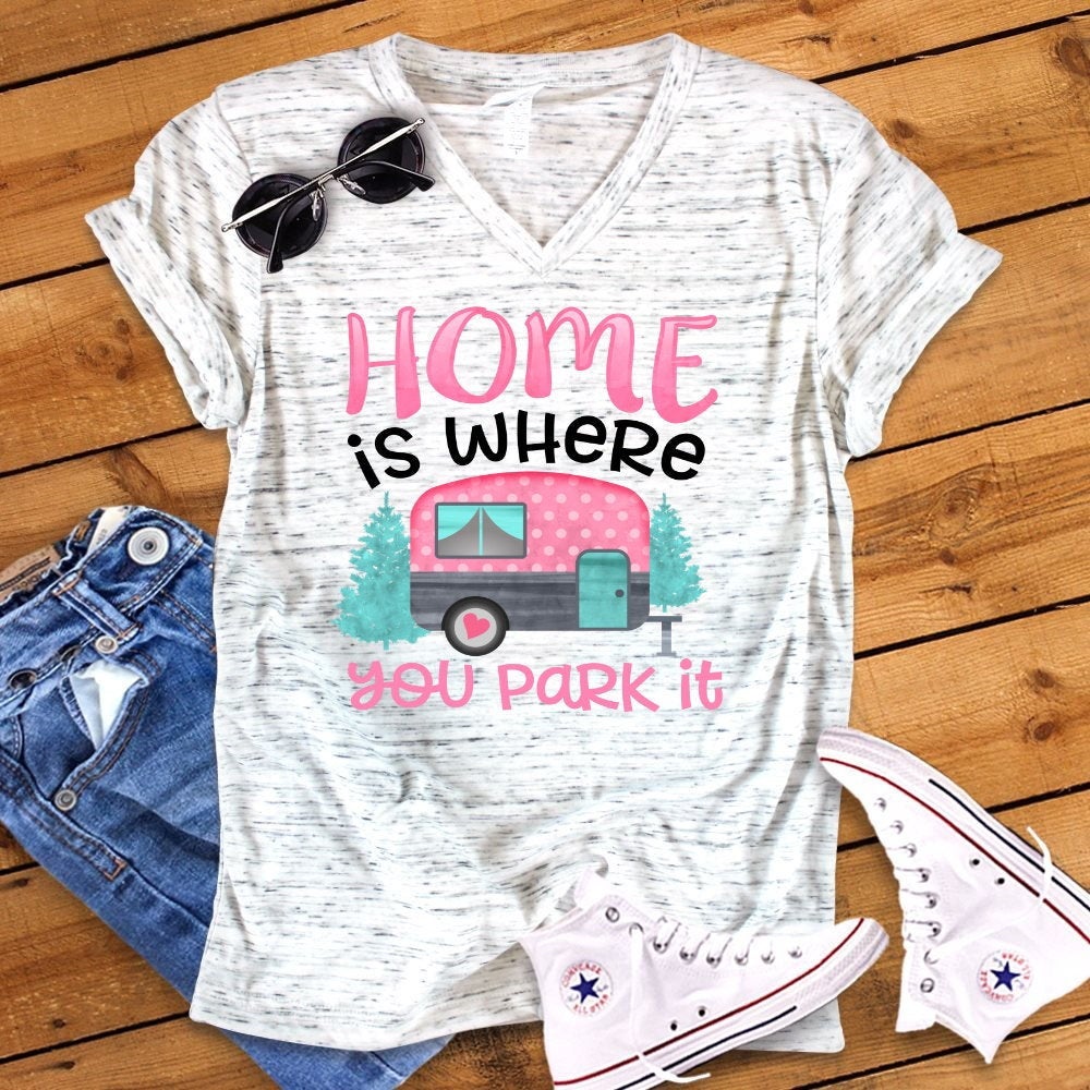 Home Is Where You Park It Camper Camping RV Pink Watercolor Unisex V Neck Graphic Tee T-Shirt