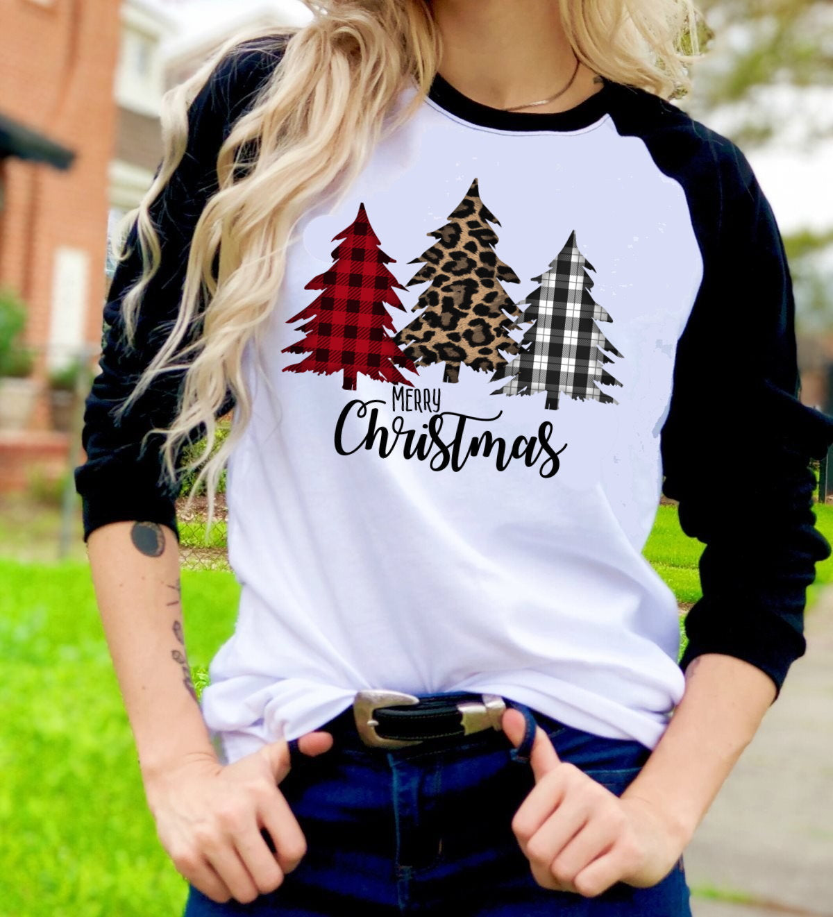 Merry Christmas Buffalo Plaid Leopard Print Christmas Trees t-shirt Raglan shirt Novelty Graphic Tee T-Shirt Raglan