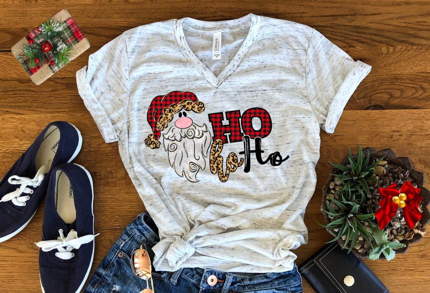 Ho Ho Ho Santa Claus Leopard Print Buffalo Plaid Christmas Bella Unisex V Neck T-Shirt