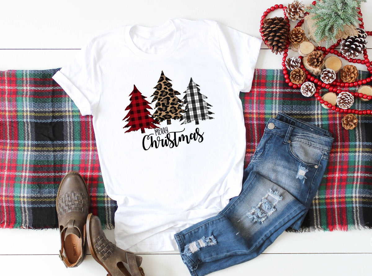 Merry Christmas Leopard Print Buffalo Plaid Christmas Trees t-shirt shirt Novelty Graphic Tee t-shirt Shirt