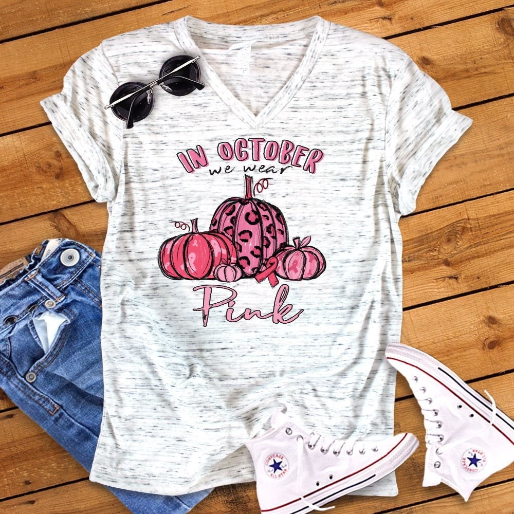 In October We Wear Pink Breast Cancer Pumpkin Leopard Print Fall Autumn Bella Unisex V Neck T-Shirt