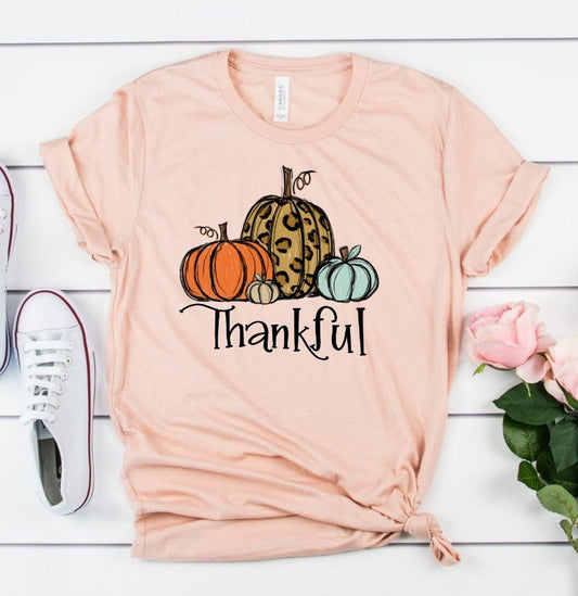 Thankful Leopard Print Pumpkin Pumpkins Thanksgiving Fall Autumn Novelty T-Shirt