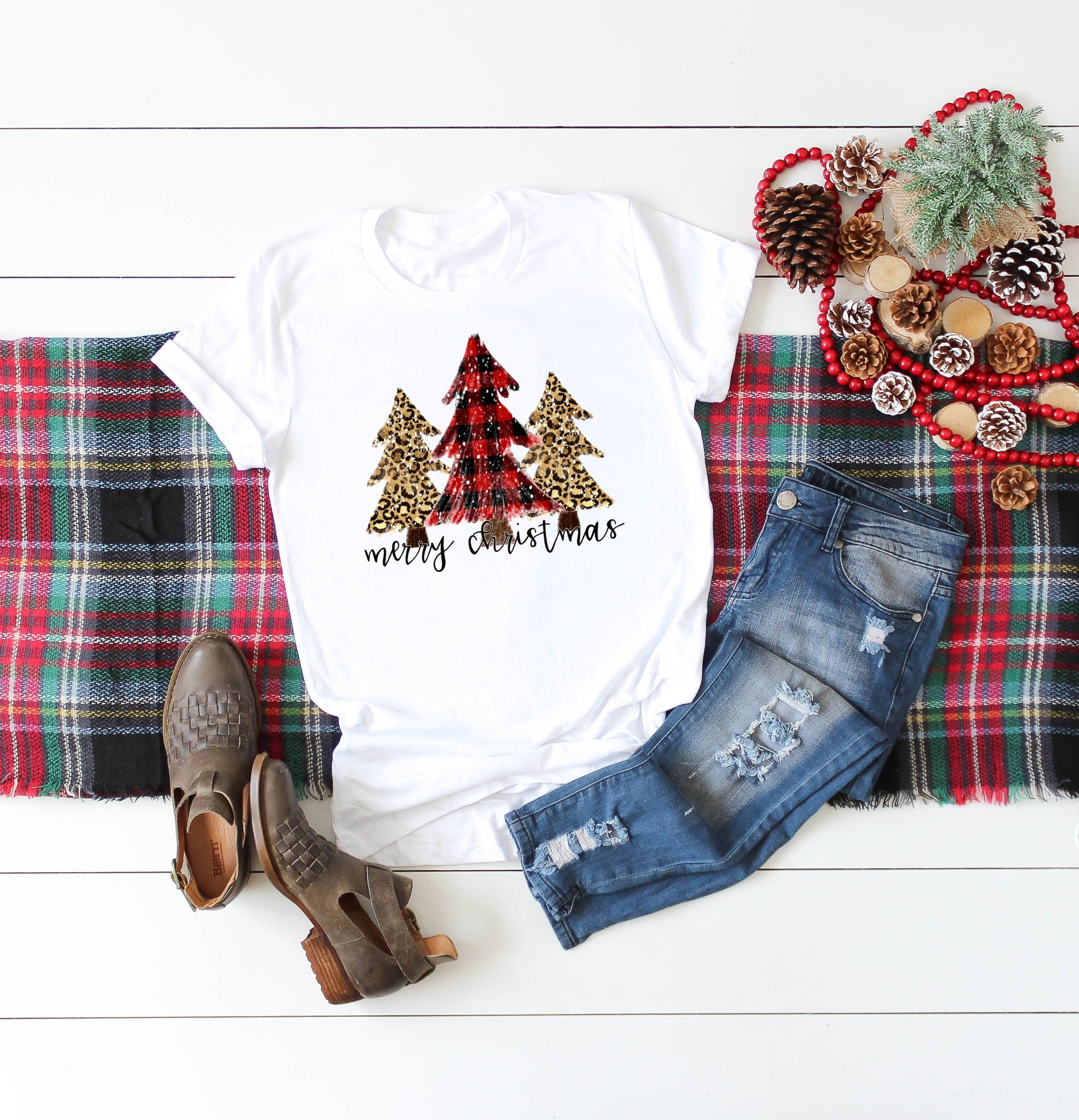 Buffalo Plaid And Leopard Print Christmas Tree Adult Kids Toddler Baby Shirt