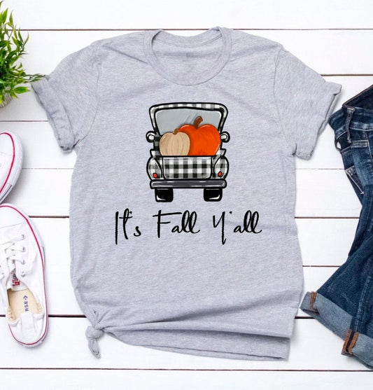 Fall Y&#39;all Pumpkin Buffalo Plaid Truck Fall Autumn Pumpkin Patch Novelty T-Shirt