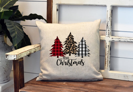 Merry Christmas Trees Christmas Pillow Cover - Buffalo Plaid Leopard Print - Christmas Decorations Farmhouse Decor Throw Pillow Cover