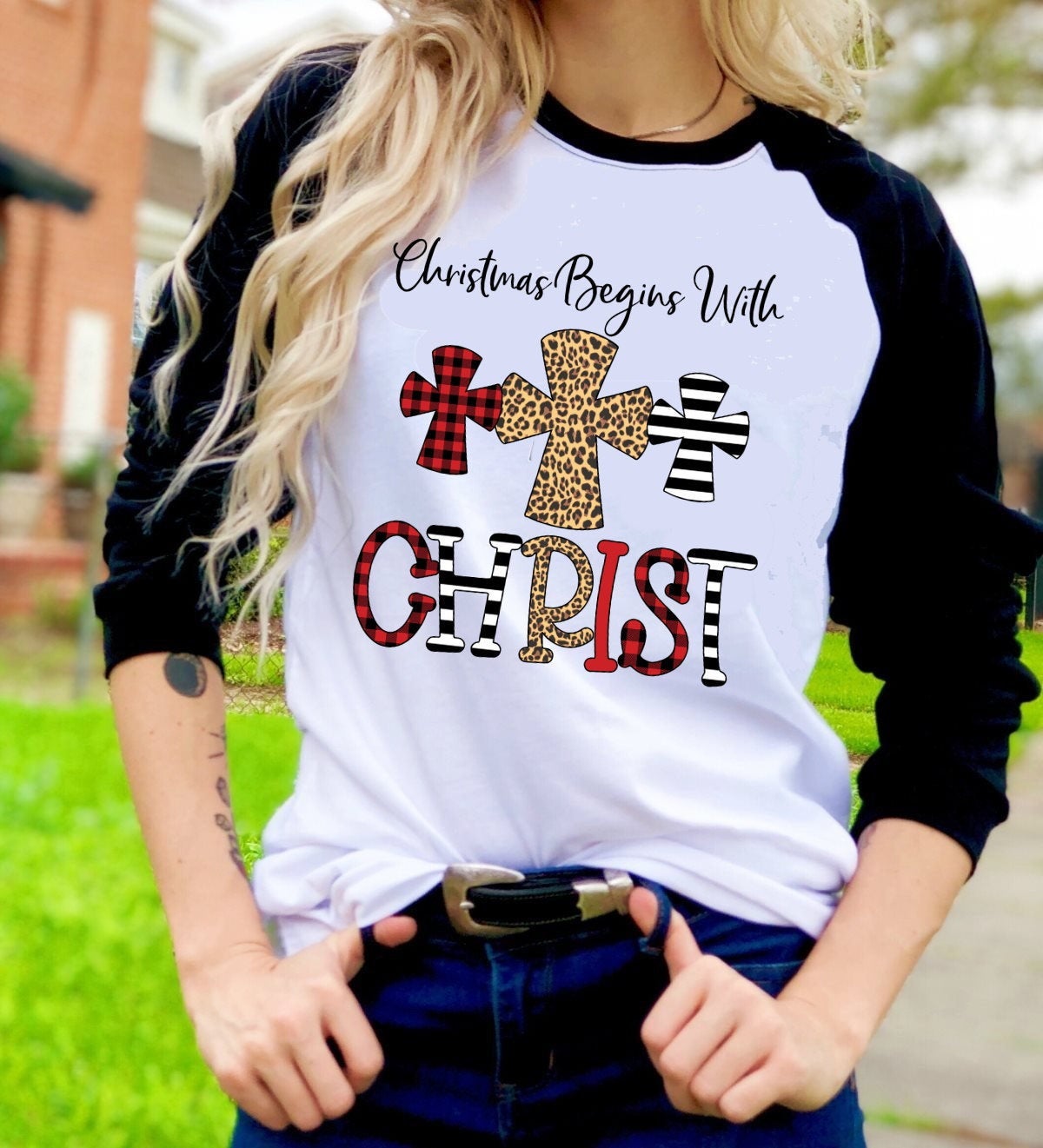 Christmas Begins With Christ Christmas Tree Cross Raglan shirt Novelty Graphic Tee T-Shirt Raglan