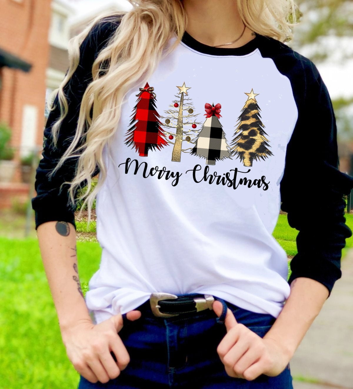Merry Christmas Wild Trees Buffalo Plaid t-shirt Raglan shirt Novelty Graphic Tee T-Shirt Raglan