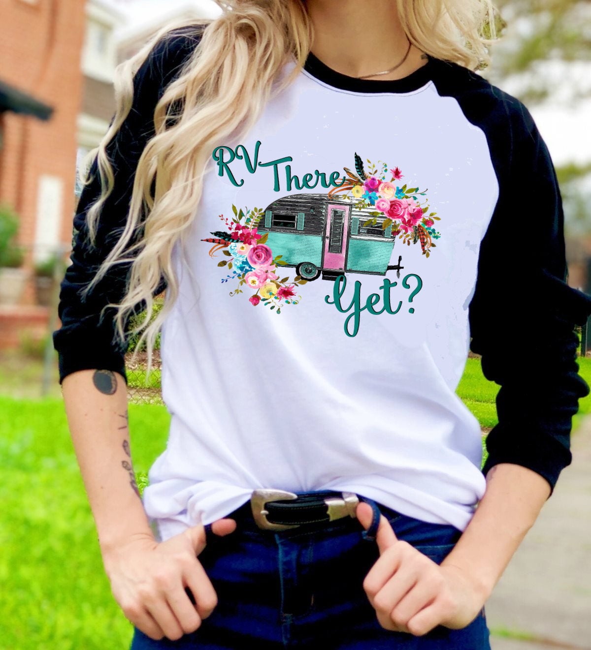 RV There Yet Camper Camping RV Floral Watercolor Camper Novelty Graphic Tee T-Shirt Raglan Shirt